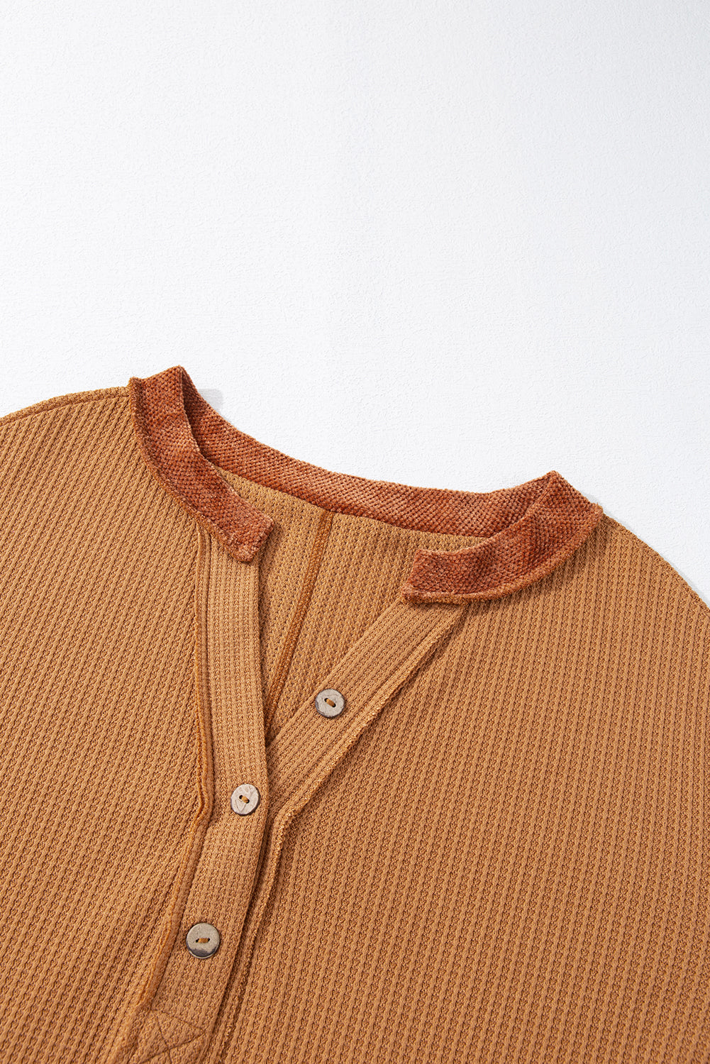 Contrast Patched Exposed Seam Waffle Knit Henley Top - Charming Charlie