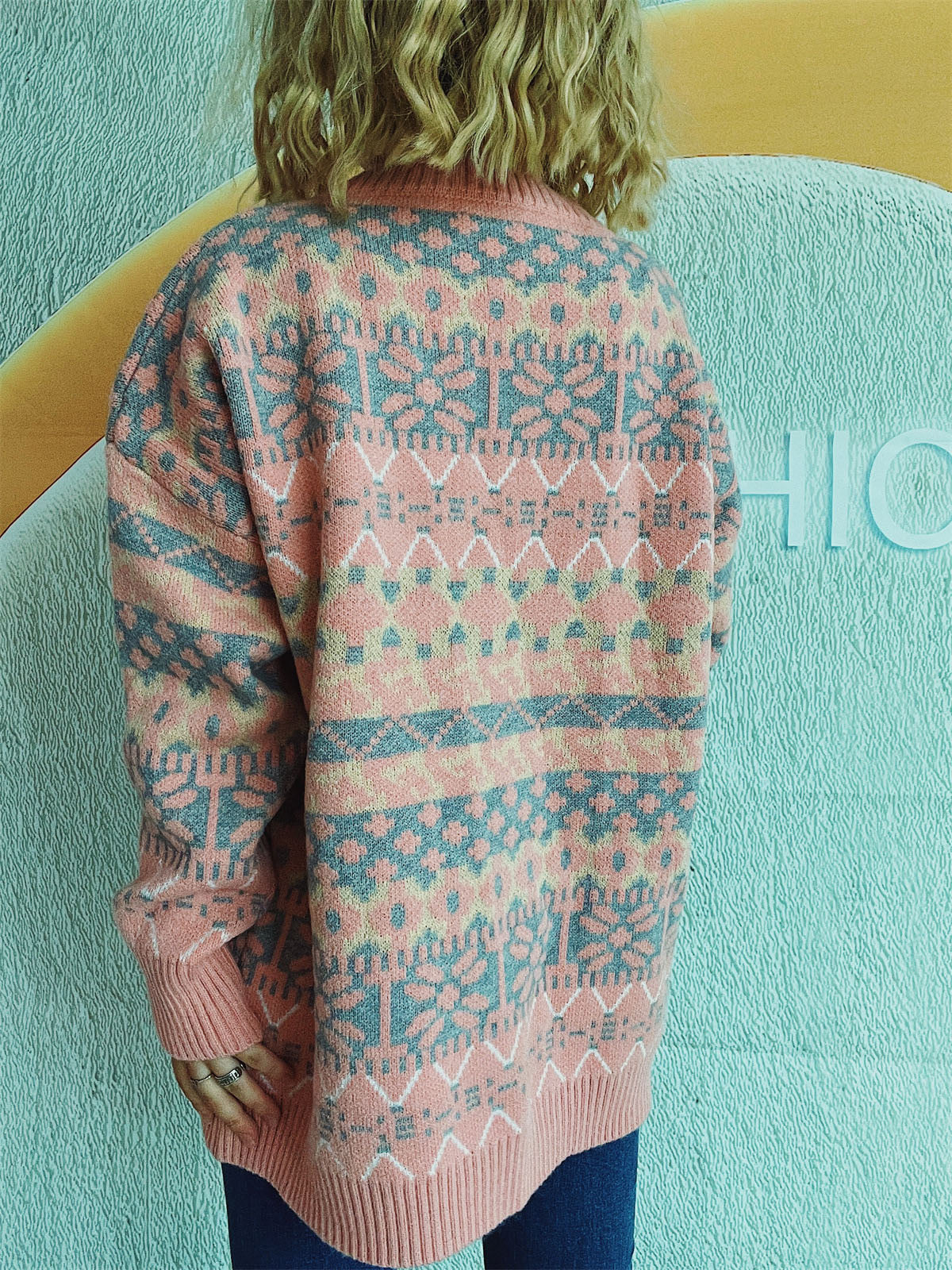 Geometric Round Neck Dropped Shoulder Sweater - Charming Charlie