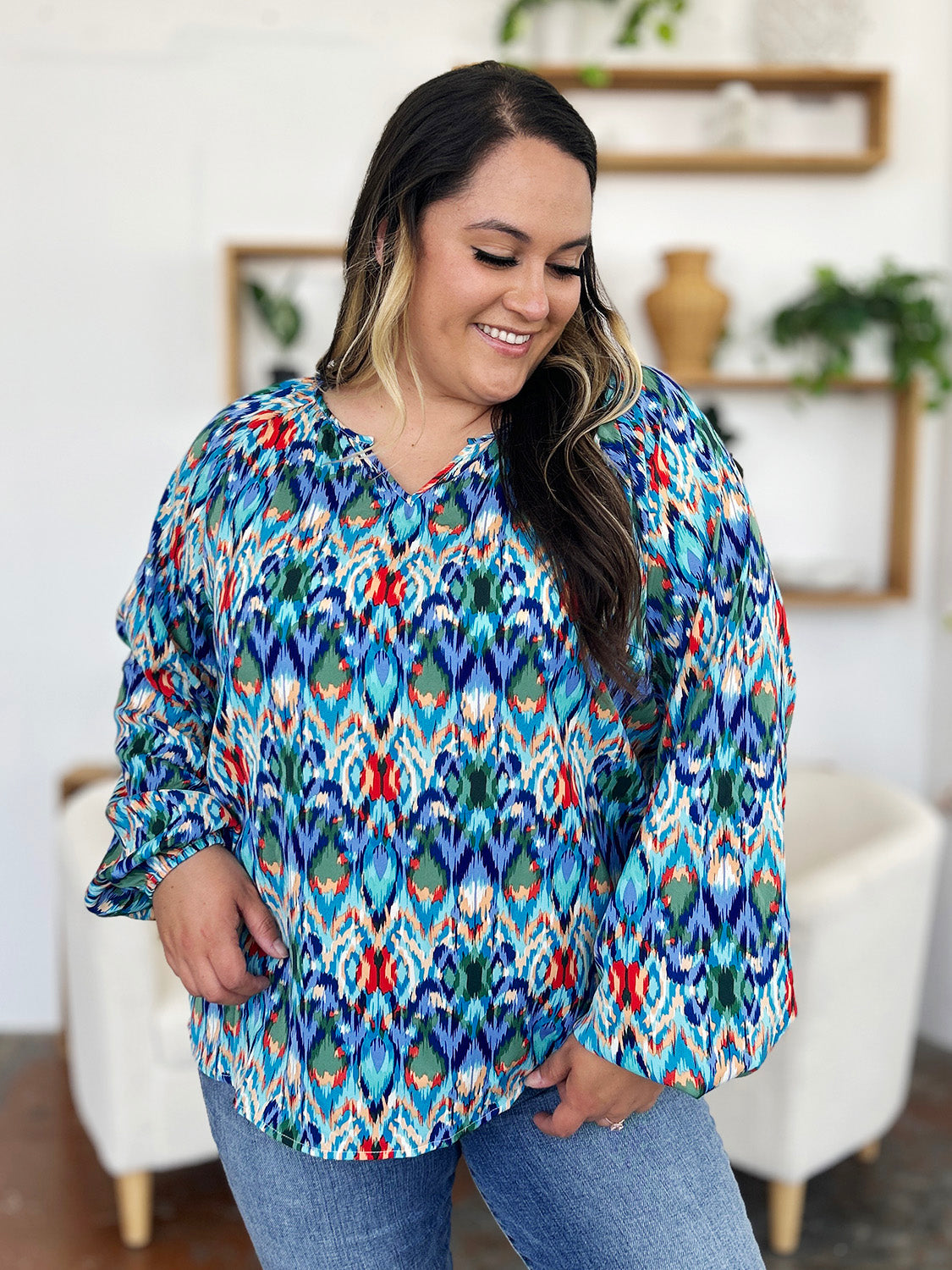 Double Take Full Size Printed Balloon Sleeve Blouse - Charming Charlie