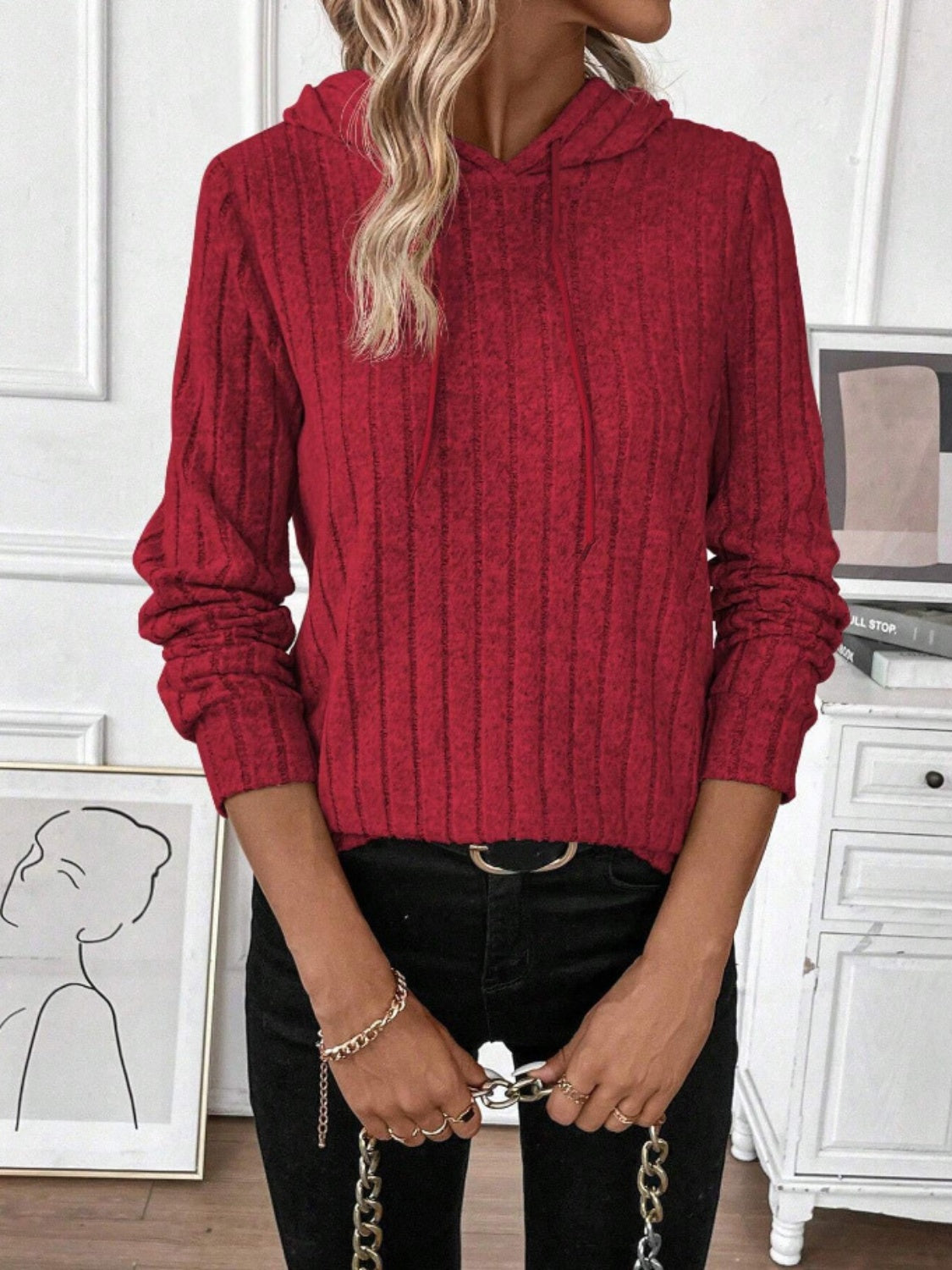 Drawstring Ribbed Long Sleeve Hoodie - Charming Charlie