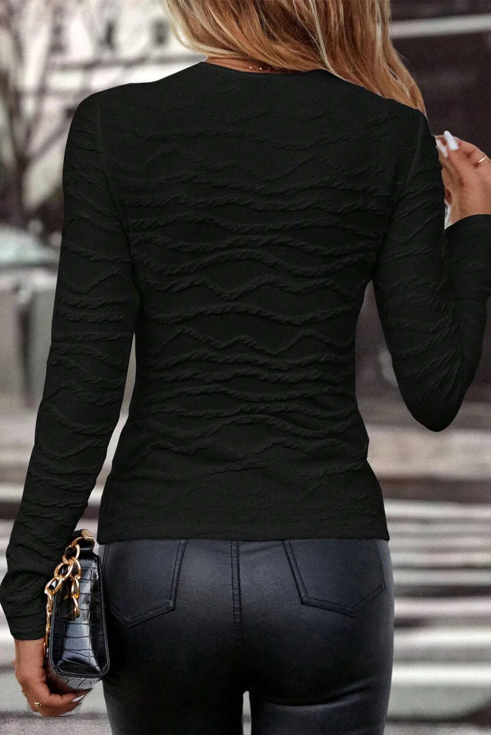 Textured Round Neck Long Sleeve Blouse - Charming Charlie