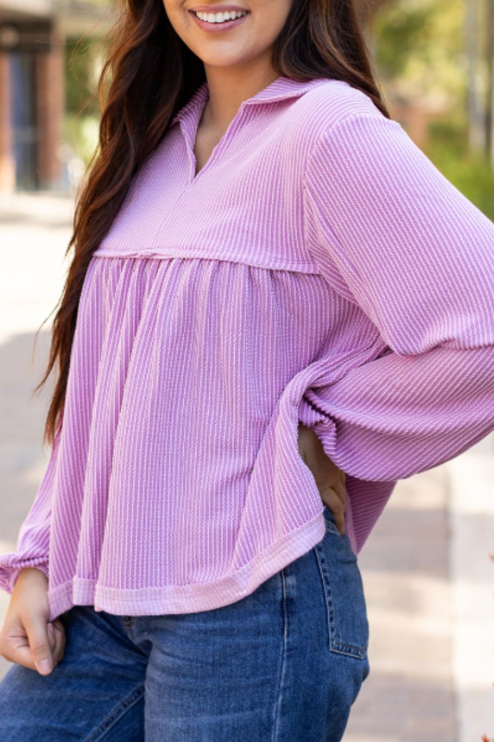 Corded Johnny Collar Long Sleeve Babydoll Blouse - Charming Charlie