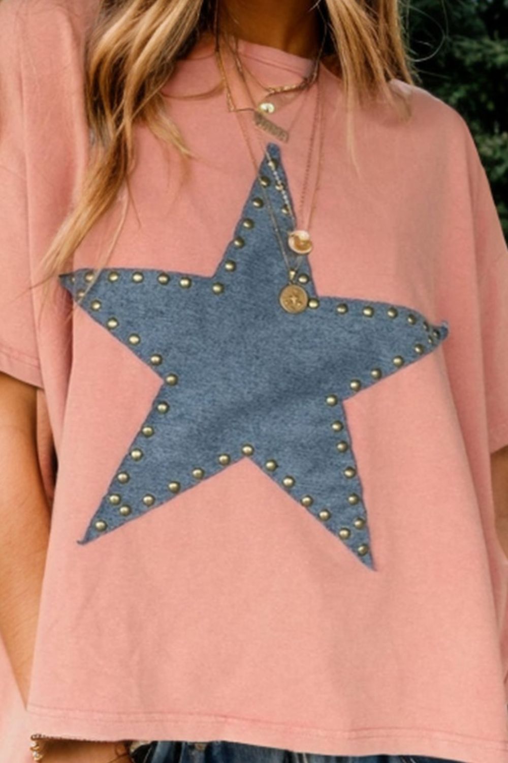 Studded Star Round Neck Short Sleeve T-Shirt - Charming Charlie