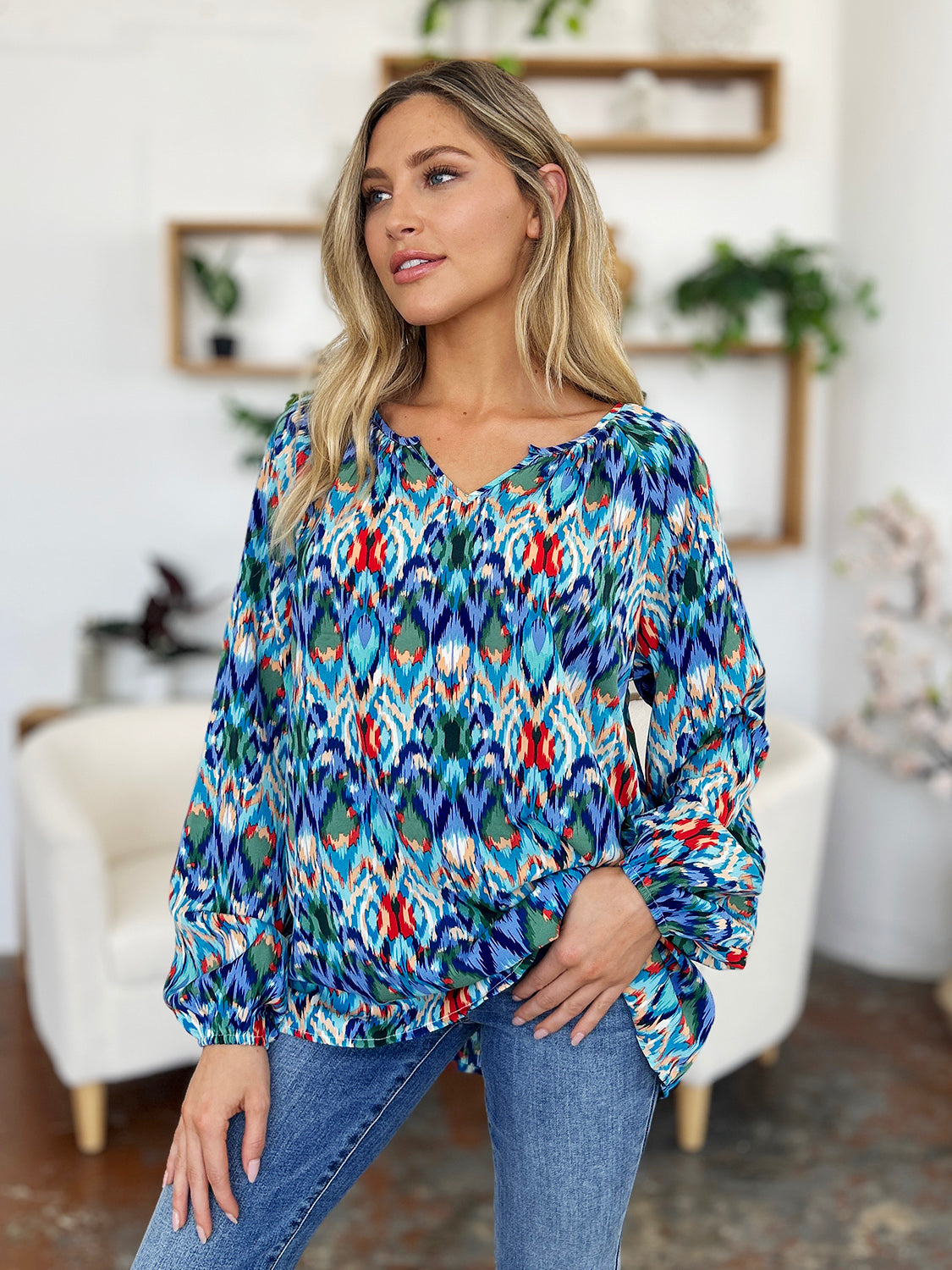 Double Take Full Size Printed Balloon Sleeve Blouse - Charming Charlie