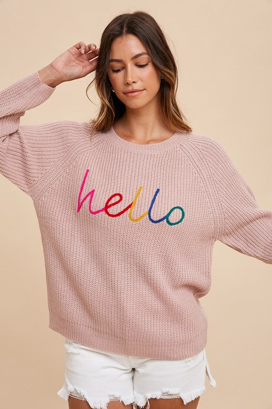 Annie Wear HELLO Embroidered Raglan Sleeve Sweater - Charming Charlie