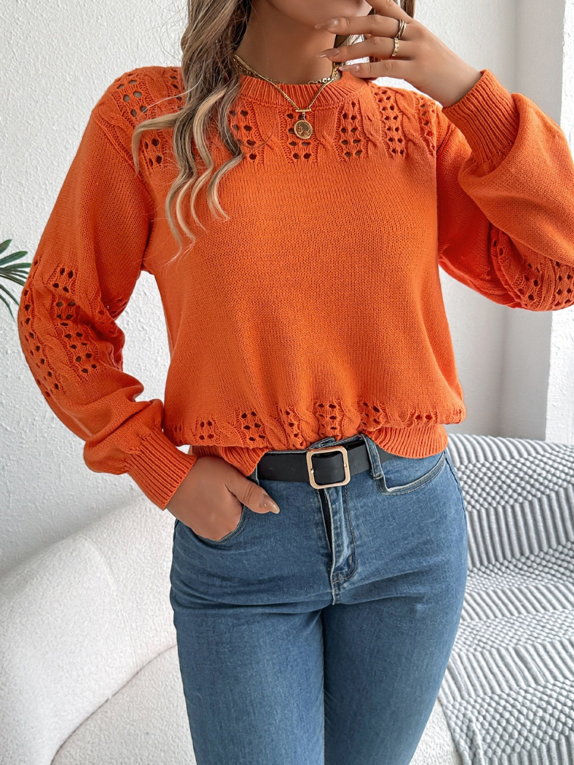 Openwork Round Neck Long Sleeve Sweater - Charming Charlie