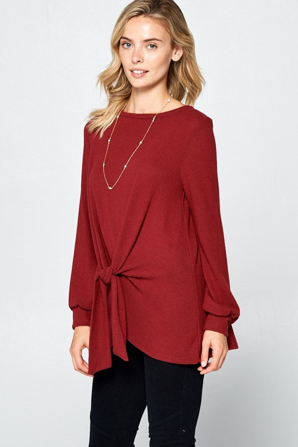 Super Lady Full Size Round Neck Knot Front Hacci Blouse - Charming Charlie