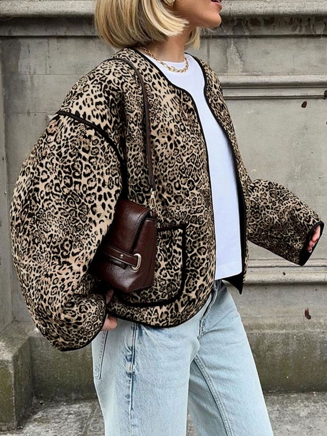 Perfee Leopard Open Front Long Sleeve Jacket - Charming Charlie