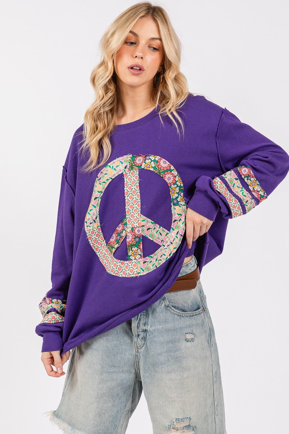 SAGE+FIG Peace Applique Patch Long Sleeve Top - Charming Charlie