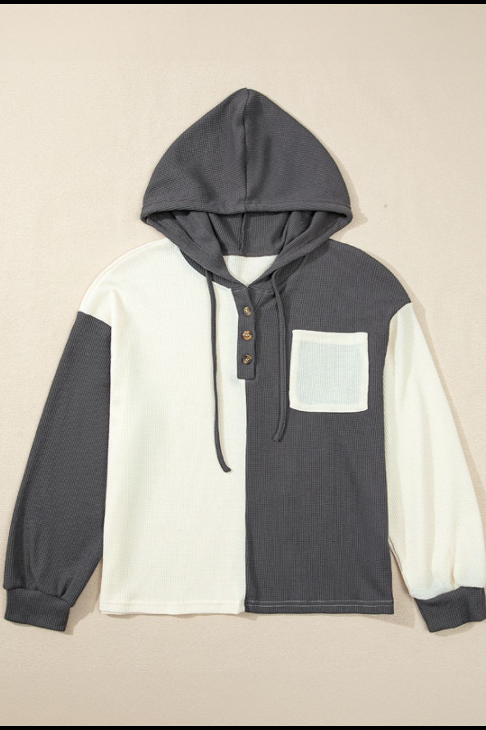 Waffle-Knit Two-Tone Long Sleeve Hoodie - Charming Charlie