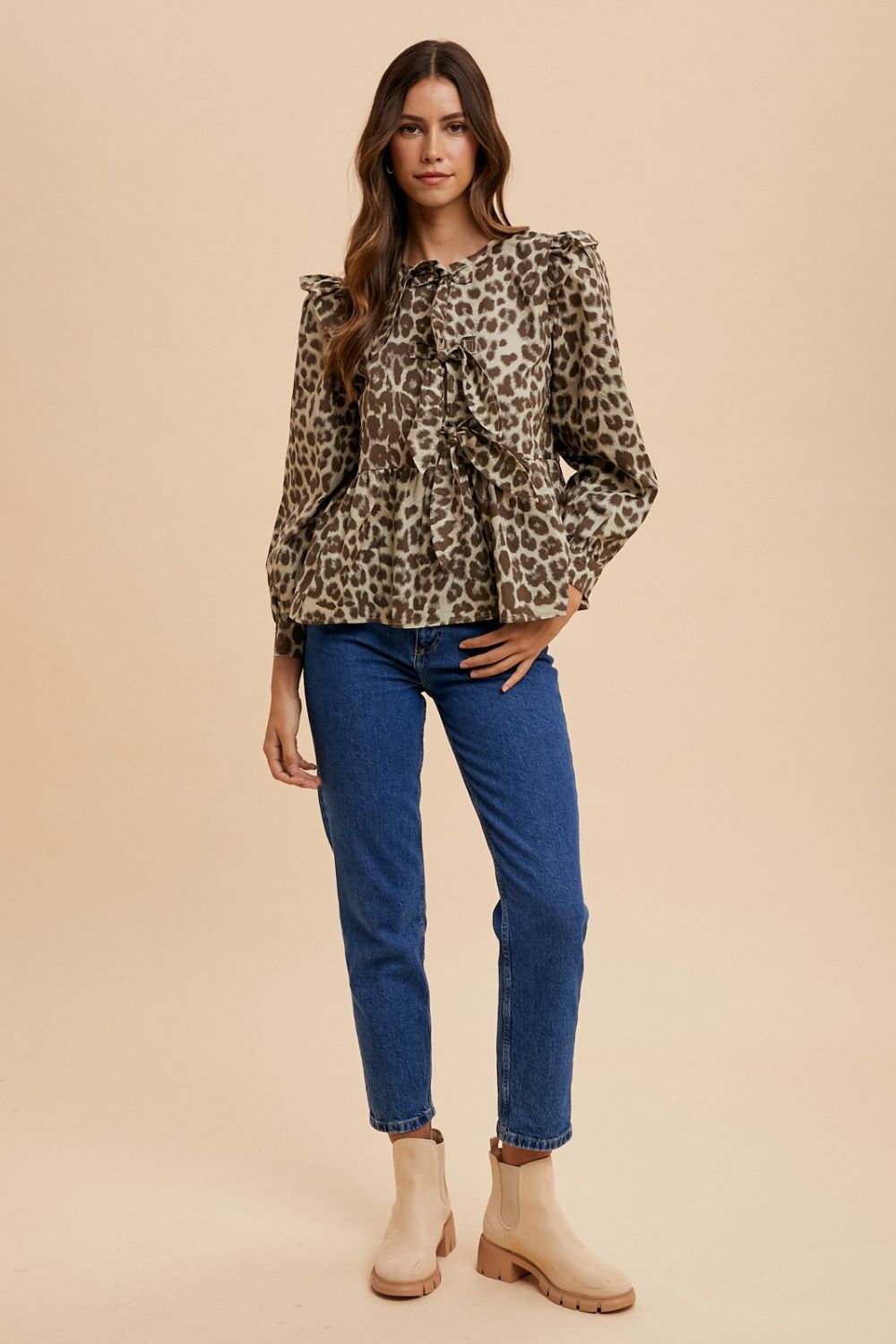 Annie Wear Tied Leopard Round Neck Peplum Blouse - Charming Charlie