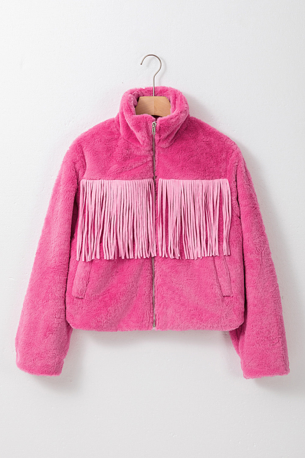 Fringed Zip Up Fleece Jacket - Charming Charlie