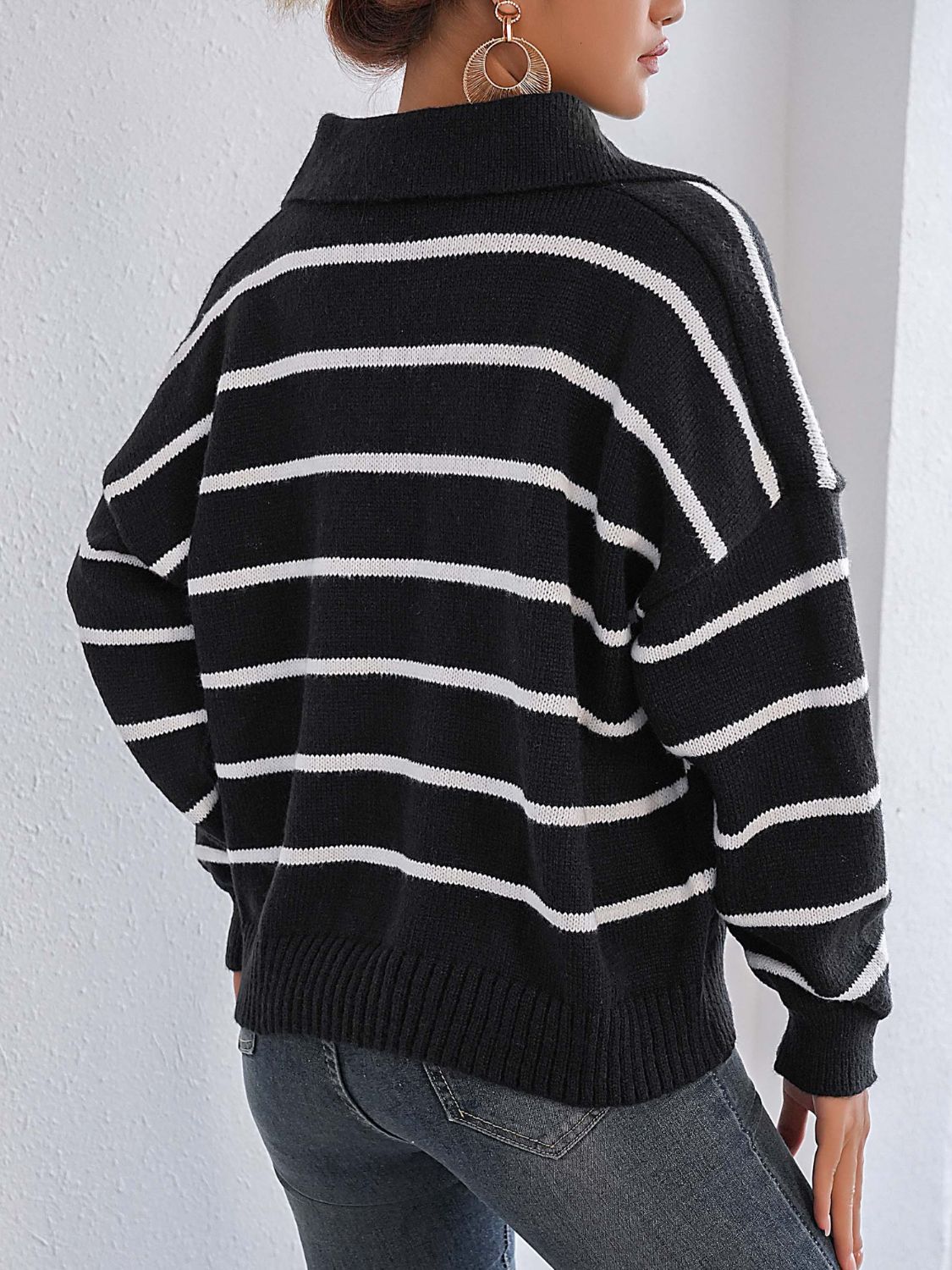 Striped Johnny Collar Long Sleeve Sweater - Charming Charlie