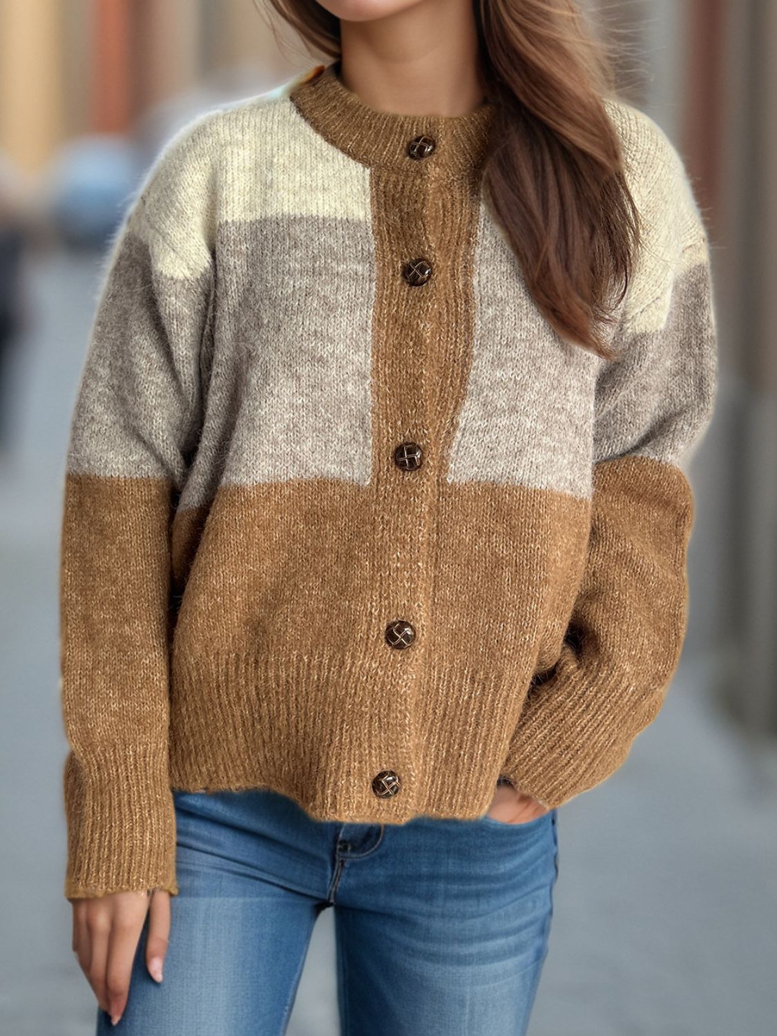 Color Block Round Neck Button Up Cardigan - Charming Charlie