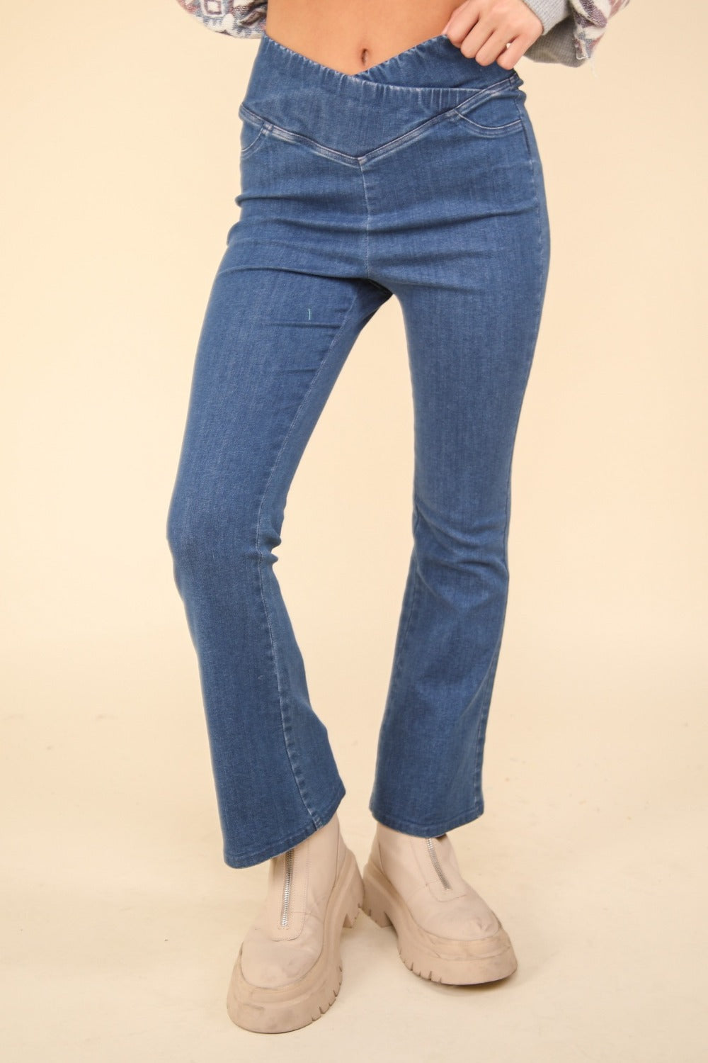 VERY J Washed Denim Stretchy Crossover Waist Leggings - Charming Charlie
