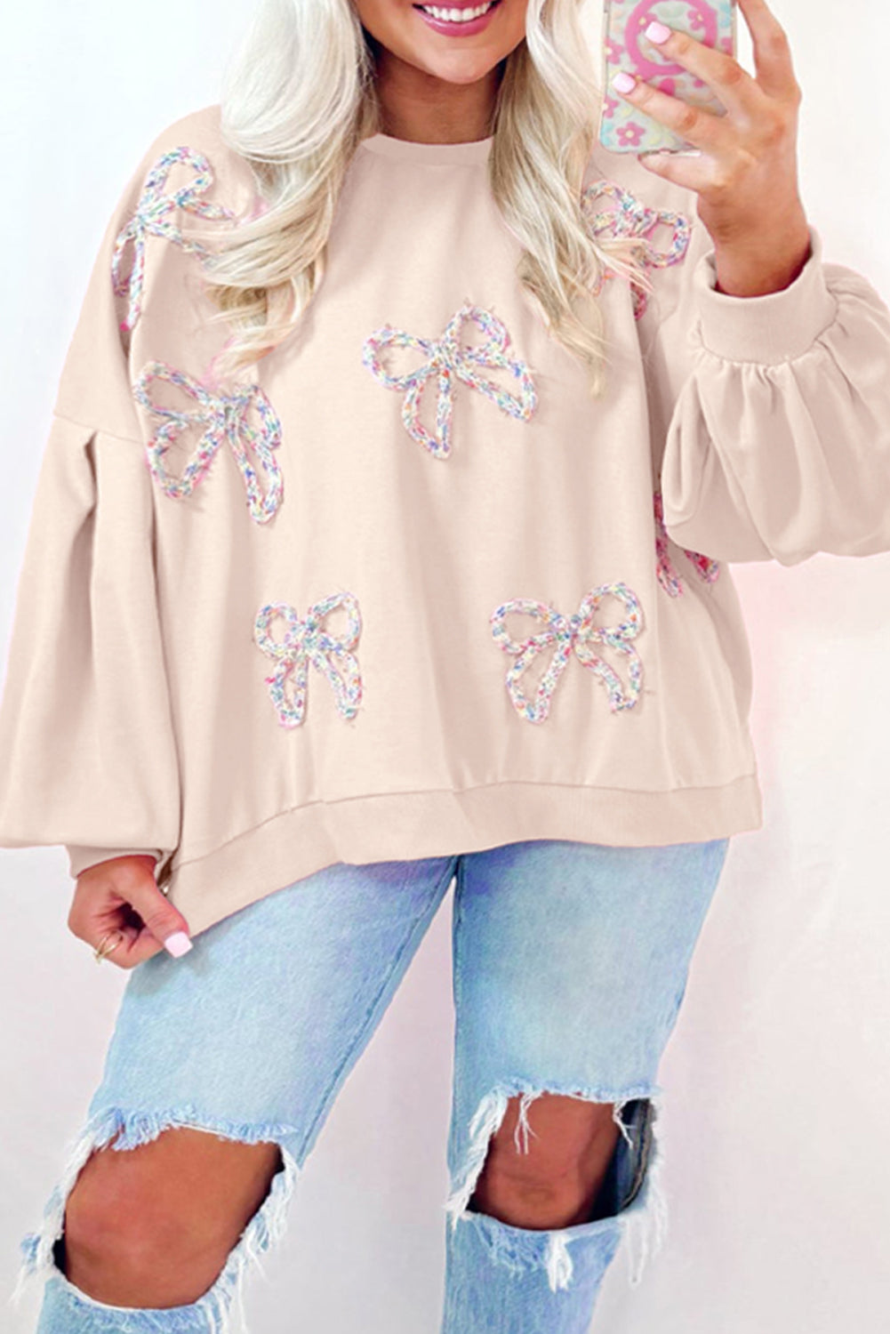 Bow Round Neck Long Sleeve Sweatshirt - Charming Charlie