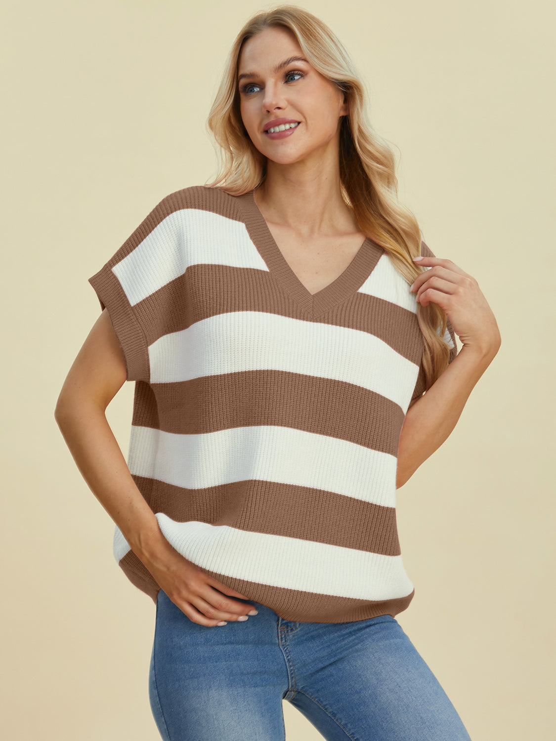 Double Take Full Size Striped V-Neck Short Sleeve Sweater - Charming Charlie