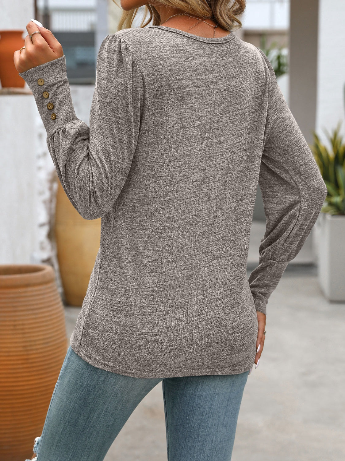 Decorative Button Round Neck Long Sleeve T-Shirt - Charming Charlie