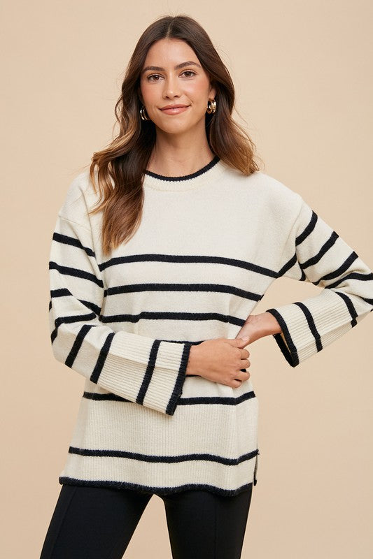 Annie Wear Side Slit Striped Round Neck Sweater - Charming Charlie