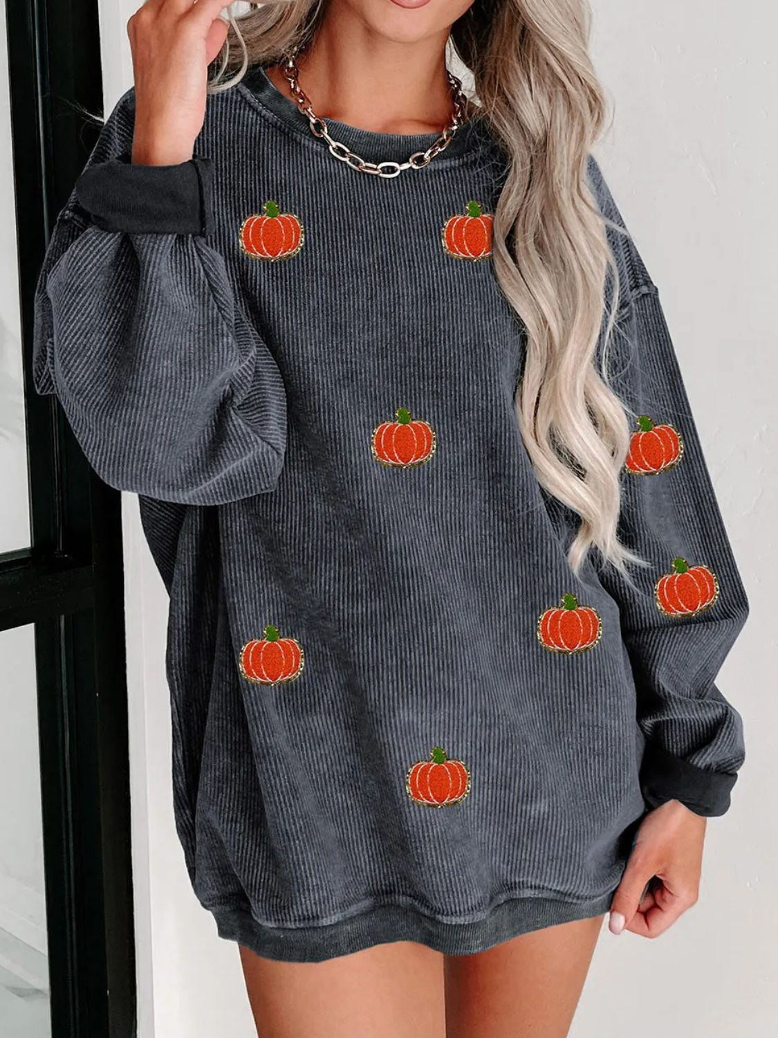 Pumpkin Round Neck Long Sleeve Sweatshirt - Charming Charlie