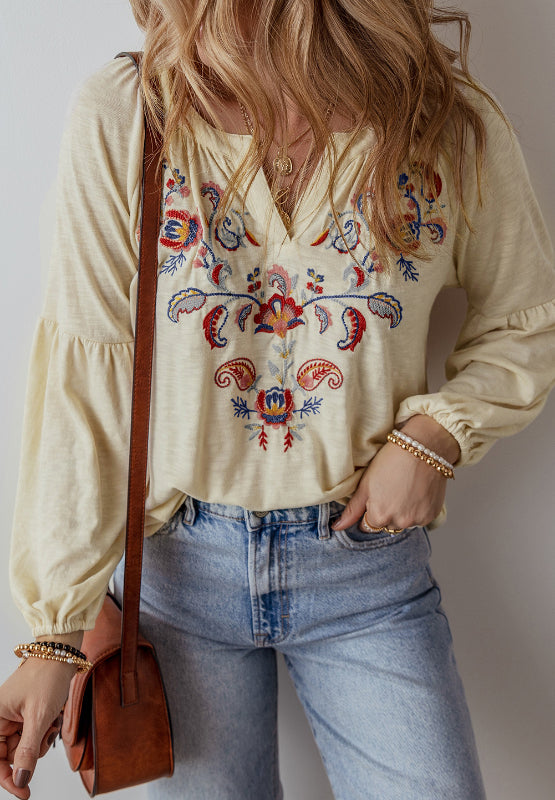 Embroidered Notched Long Sleeve Blouse - Charming Charlie
