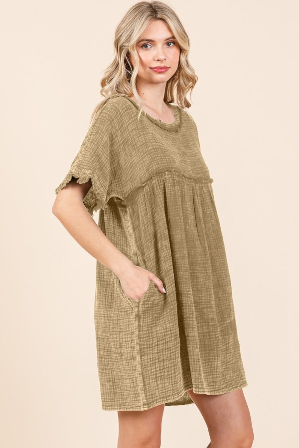 Culture Code Full Size Short Sleeve Babydoll Texture Dress with Pockets - Charming Charlie