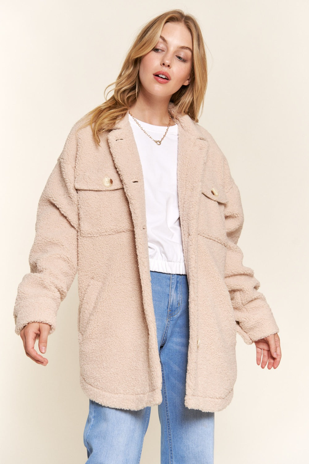 And The Why Teddy Sherpa Button Down Curved Hem Shacket - Charming Charlie