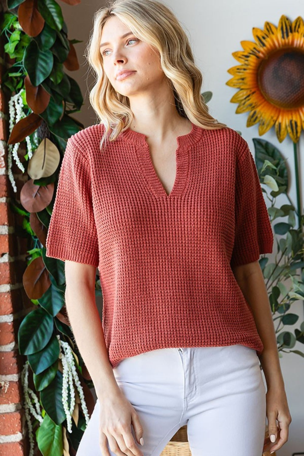First Love Notched Short Sleeve Knit Top - Charming Charlie