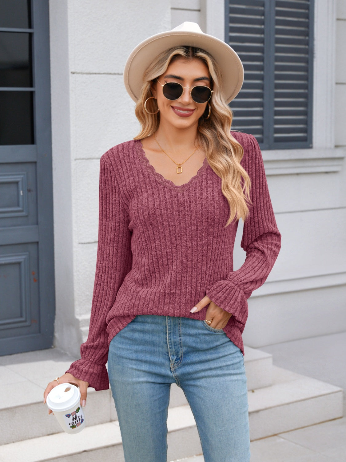 Lace Detail V-Neck Long Sleeve T-Shirt - Charming Charlie