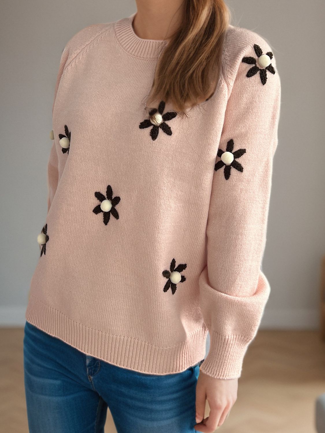 Flower Round Neck Raglan Sleeve Sweater - Charming Charlie