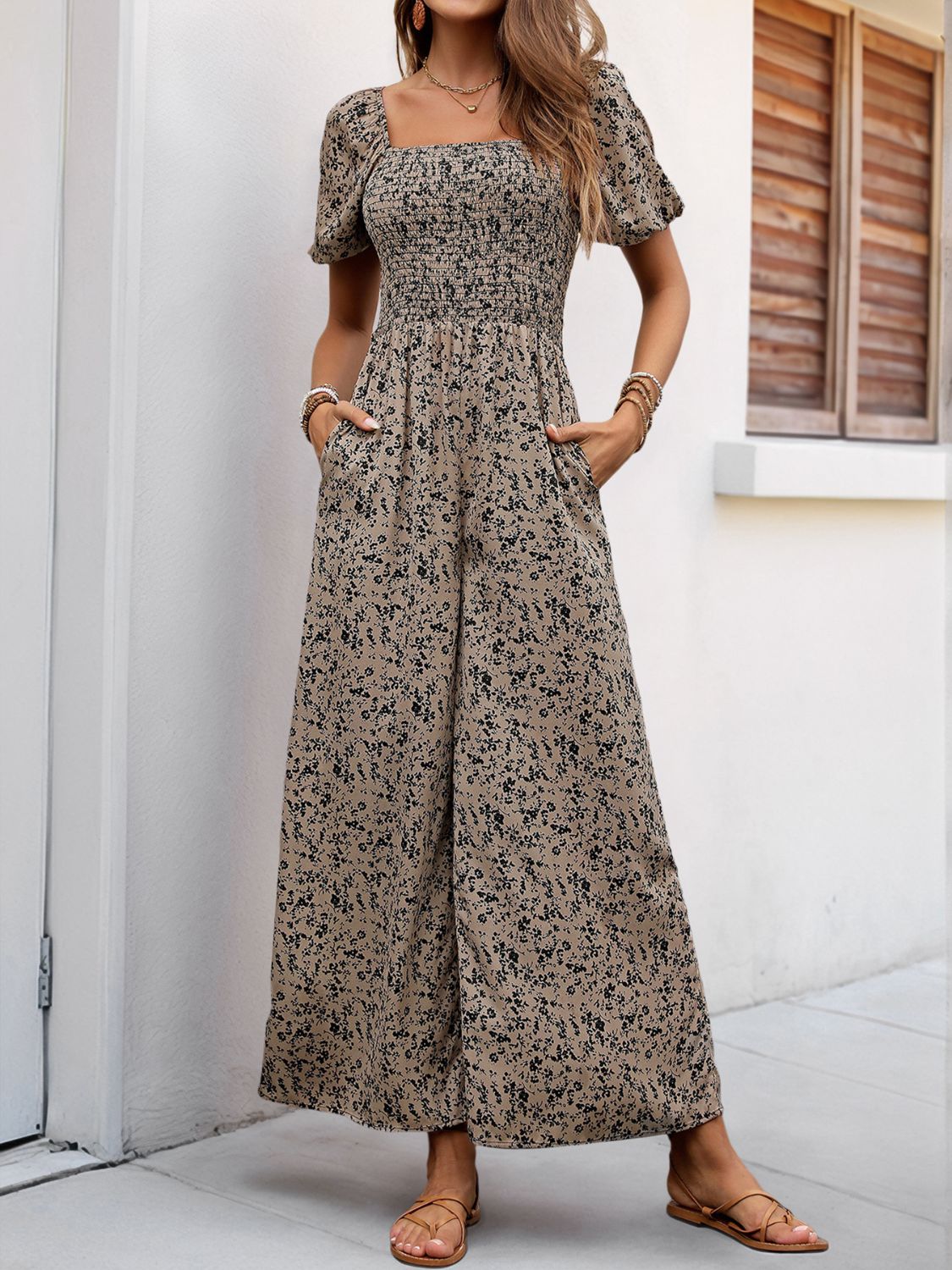 Perfee Smocked Printed Square Neck Puff Sleeve Jumpsuit - Charming Charlie