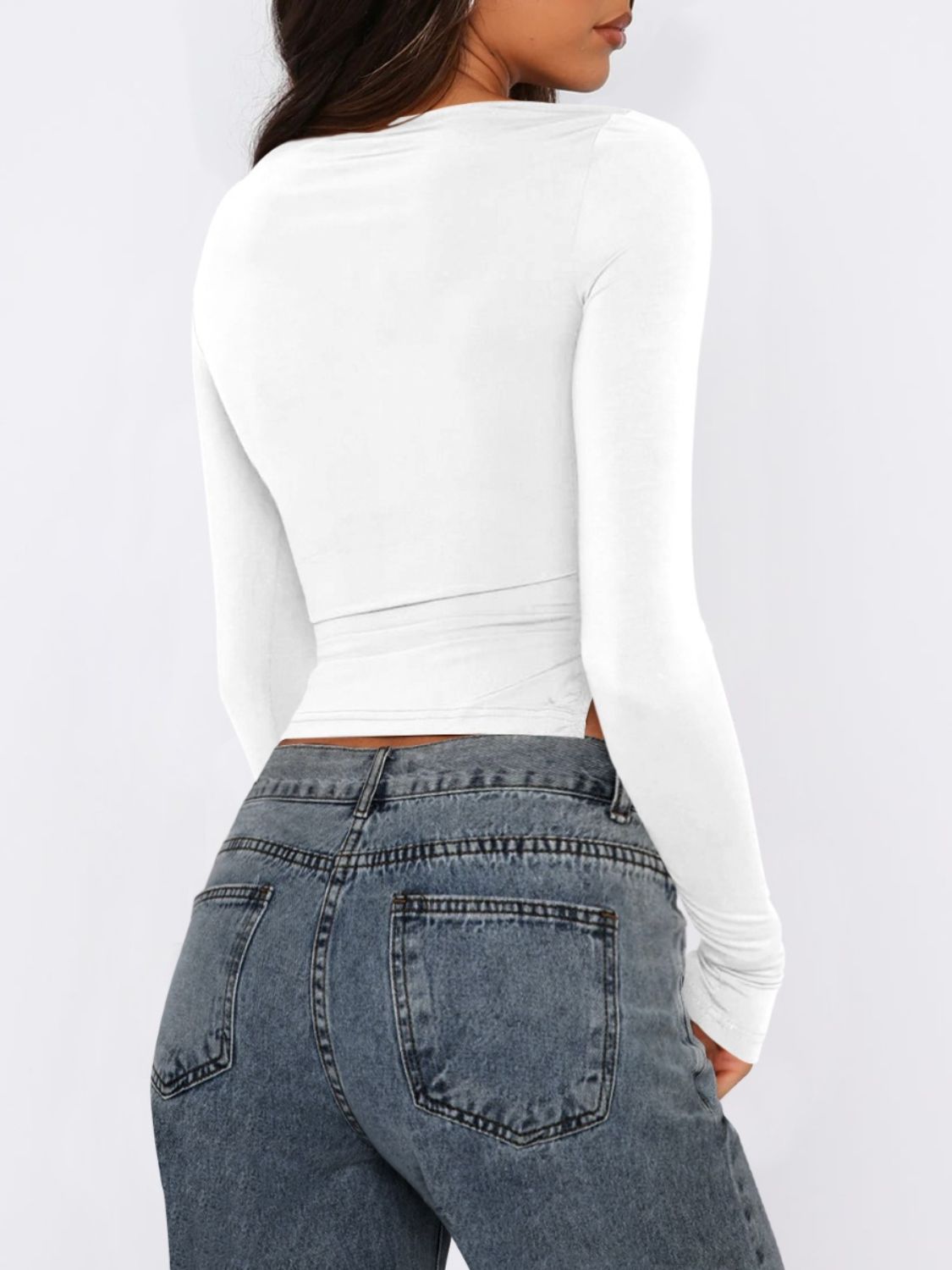 Tied Slit Round Neck Long Sleeve T-Shirt - Charming Charlie