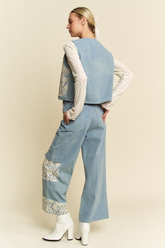 Davi & Dani Lace Patch Open Front Denim Vest - Charming Charlie