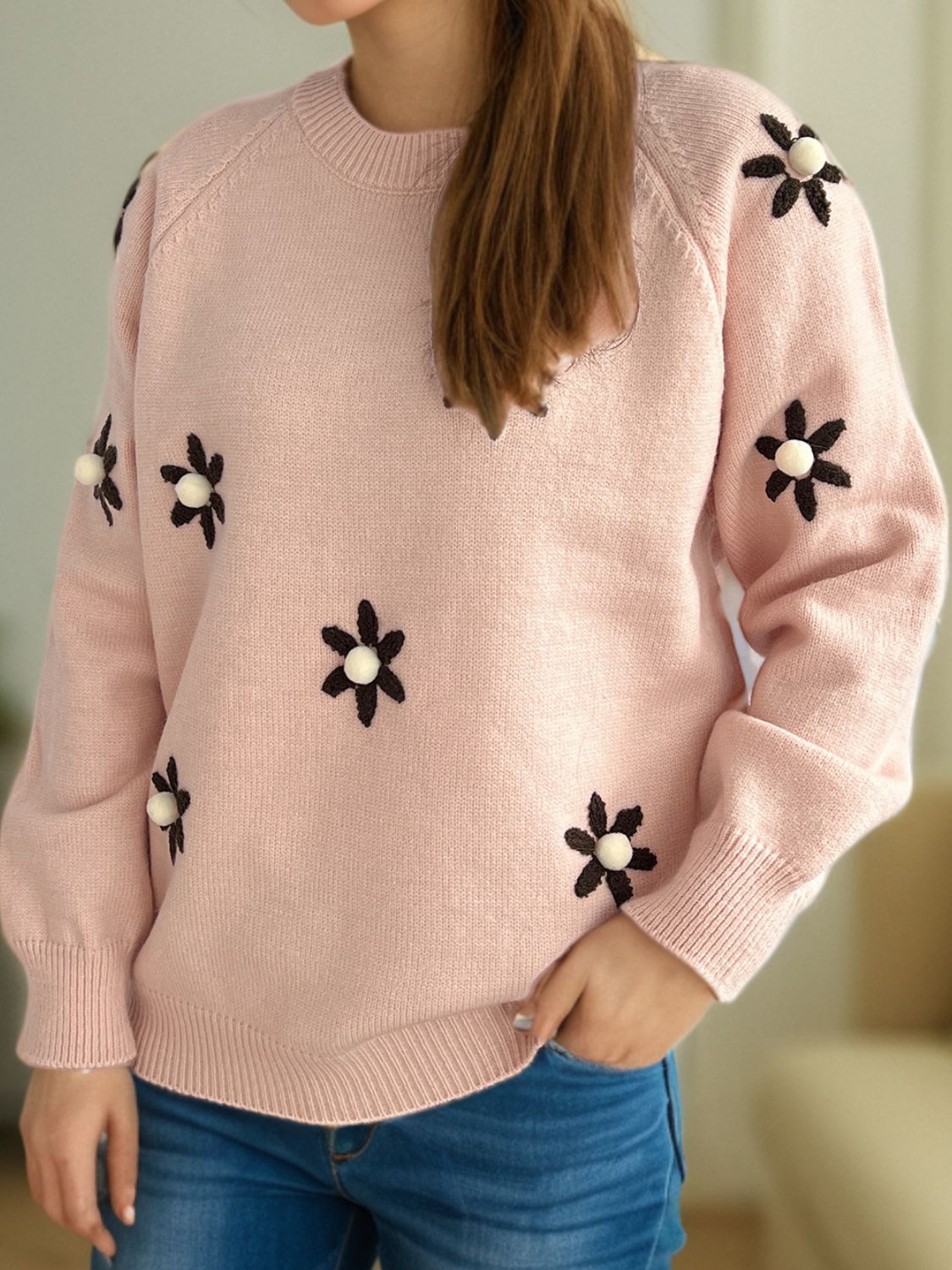 Flower Round Neck Raglan Sleeve Sweater - Charming Charlie
