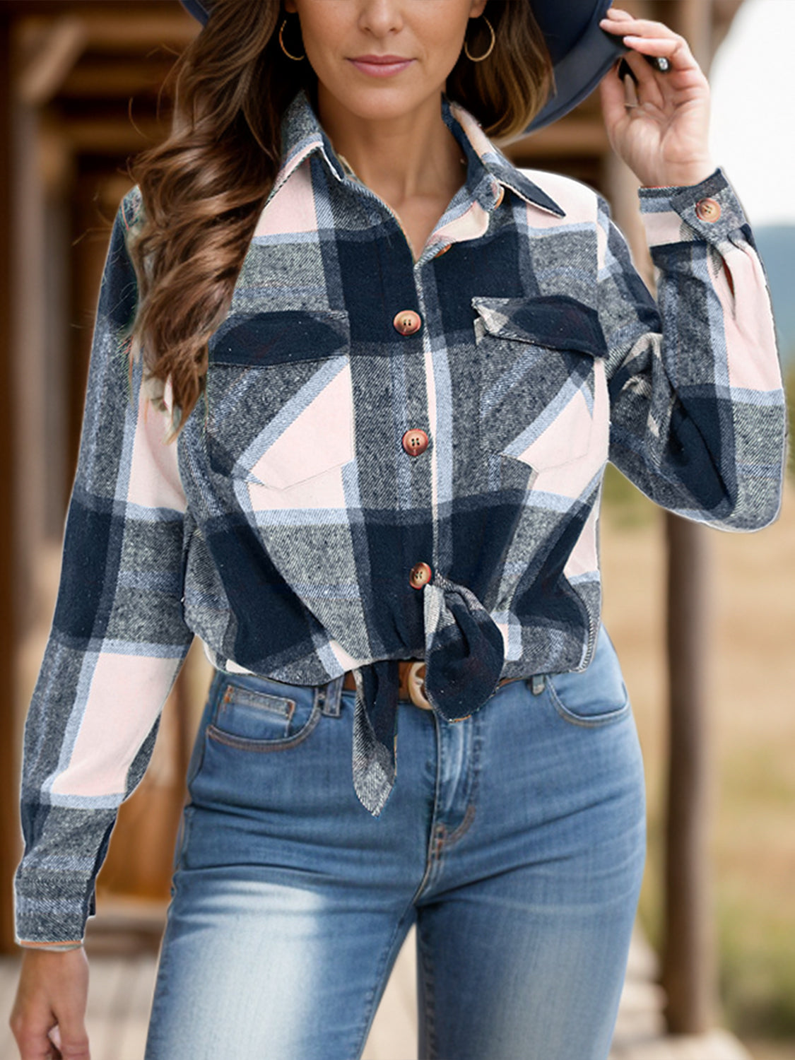 Full Size Pocketed Plaid Collared Neck Shacket - Charming Charlie