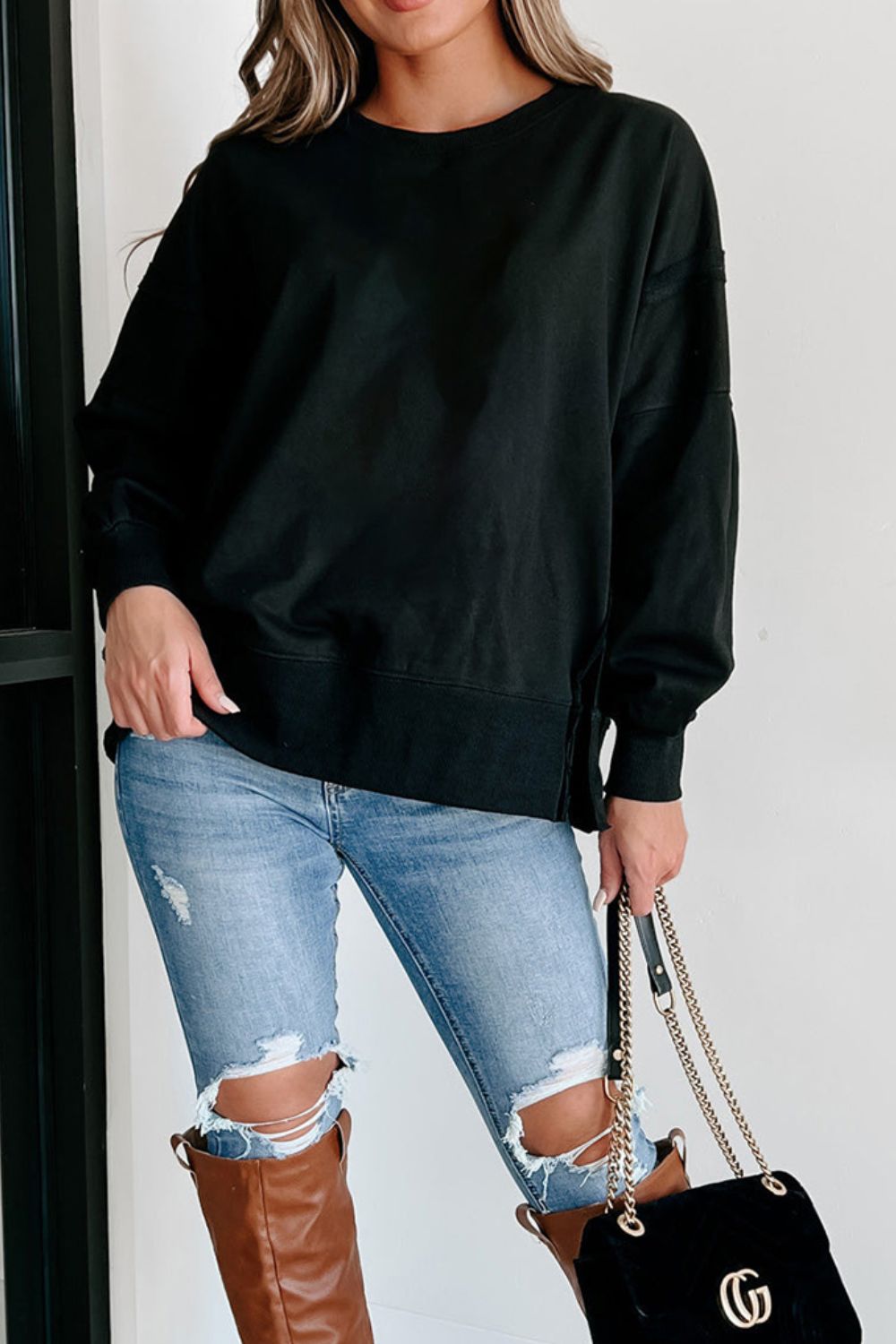 Side Slit Round Neck Long Sleeve Sweatshirt - Charming Charlie