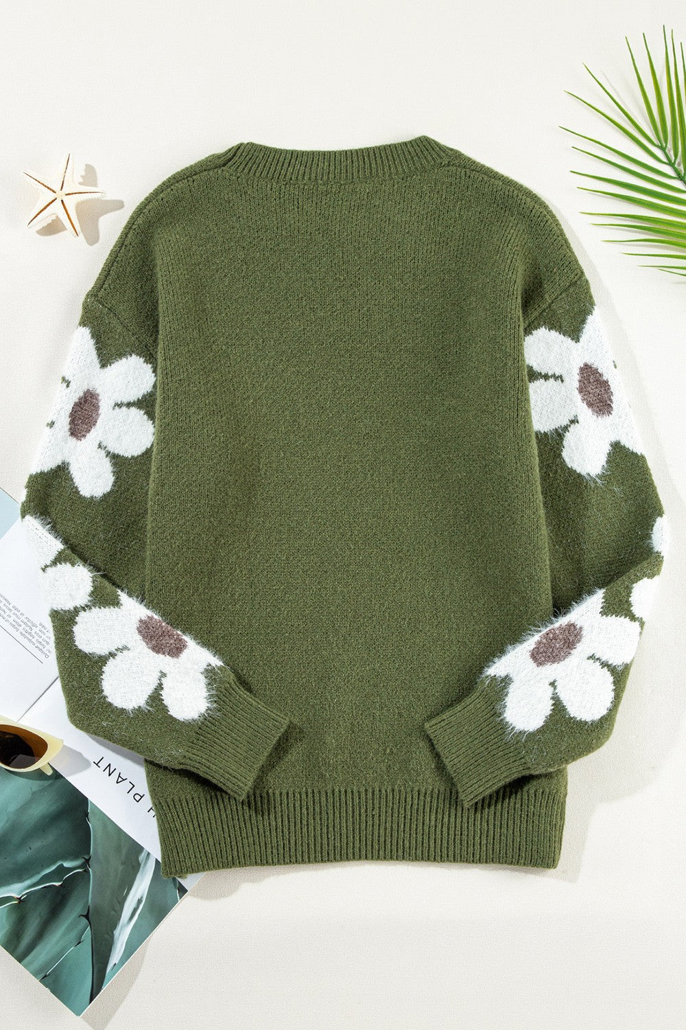 Flower Round Neck Long Sleeve Sweater - Charming Charlie