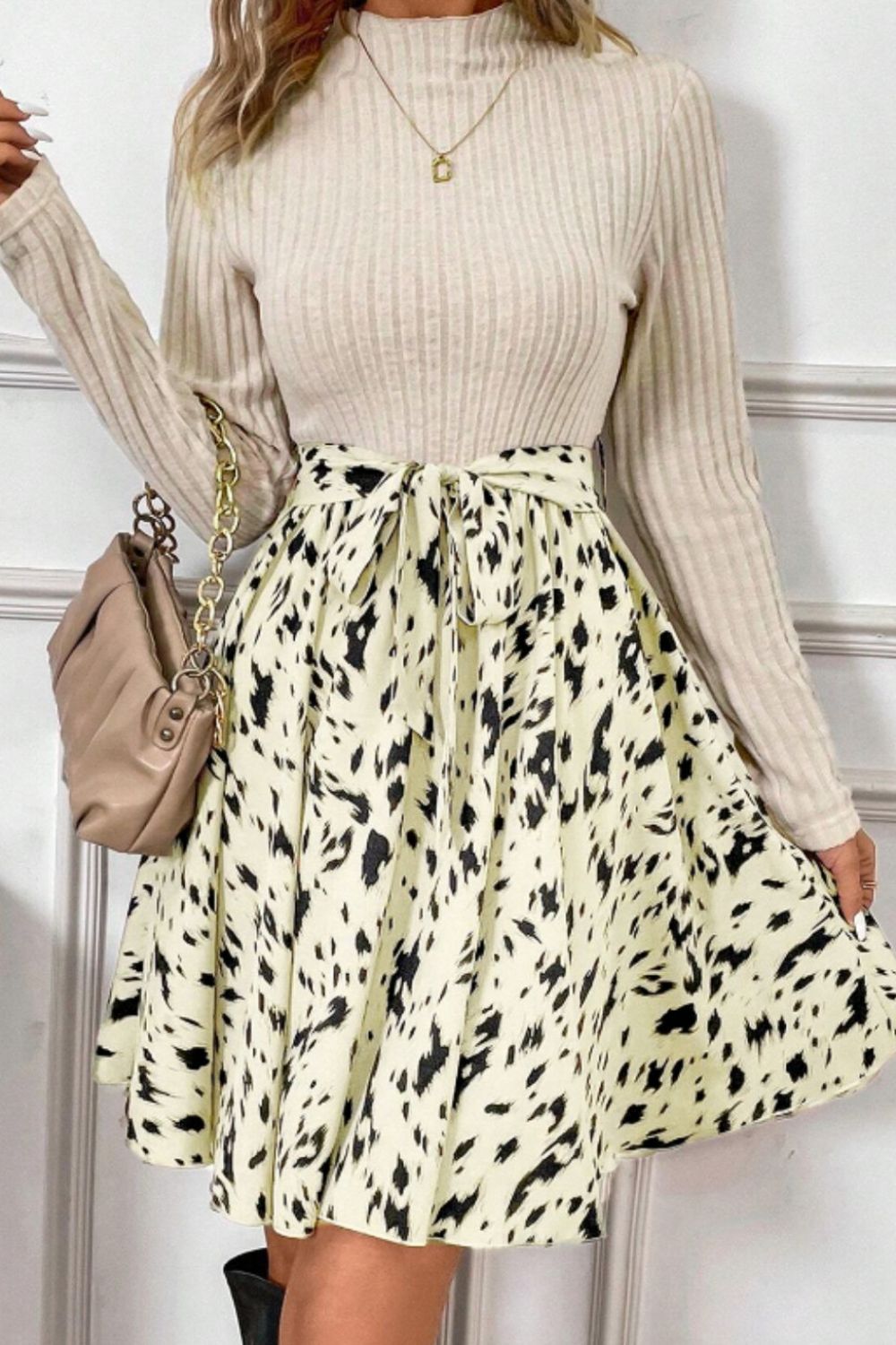 Printed Tie Waist Mock Neck Long Sleeve Dress - Charming Charlie