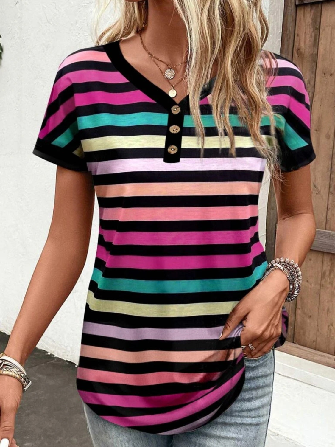 Striped V-Neck Short Sleeve T-Shirt - Charming Charlie