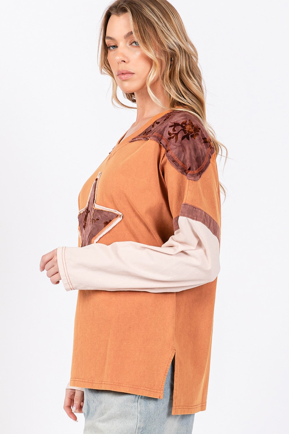 SAGE + FIG Star Patch Long Sleeve Color Block T-Shirt - Charming Charlie