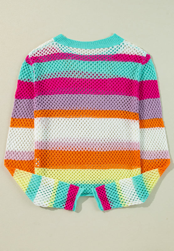 Openwork Contrast Striped Round Neck Knit Top - Charming Charlie