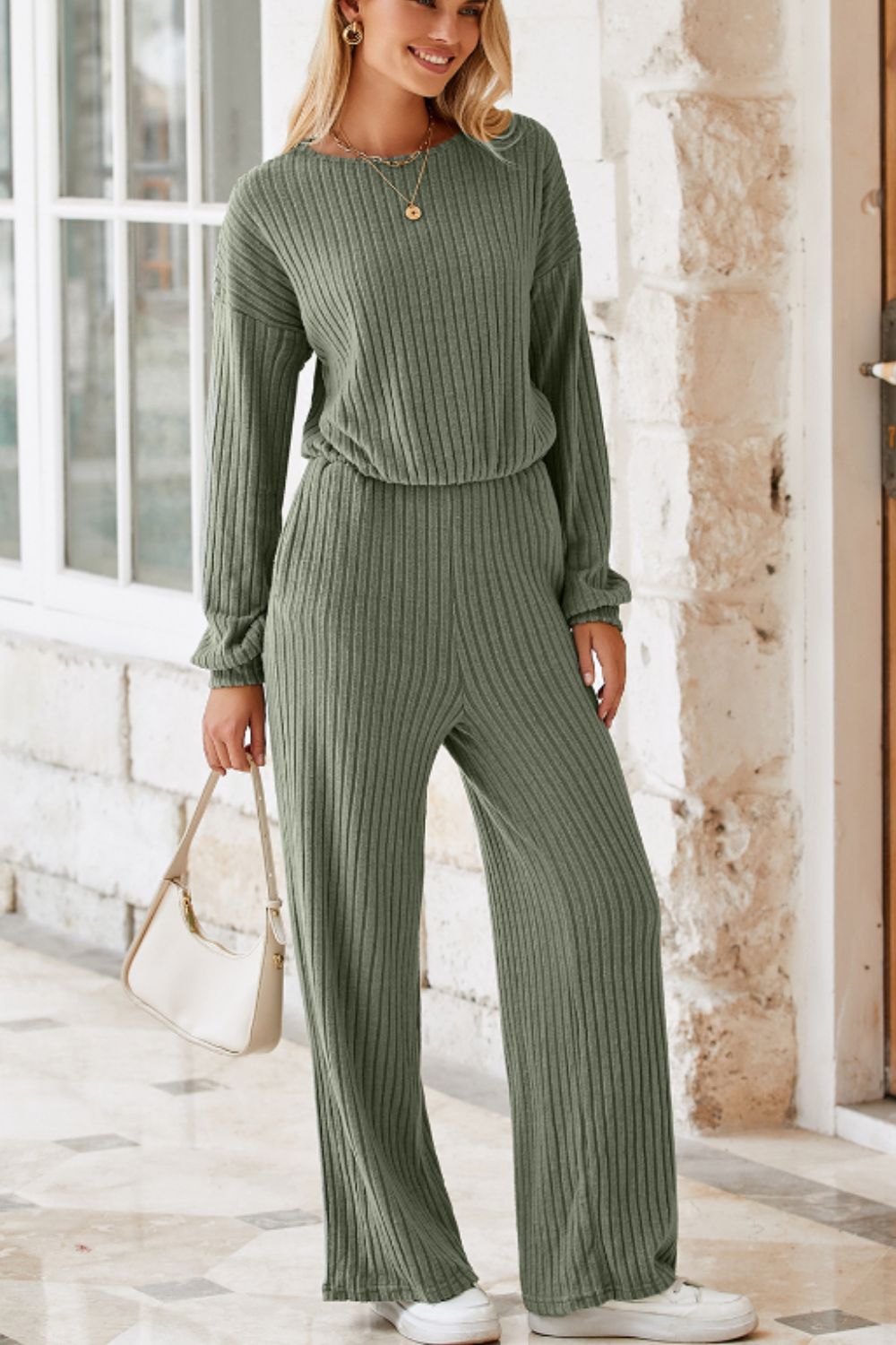 Round Neck Long Sleeve Jumpsuit - Charming Charlie
