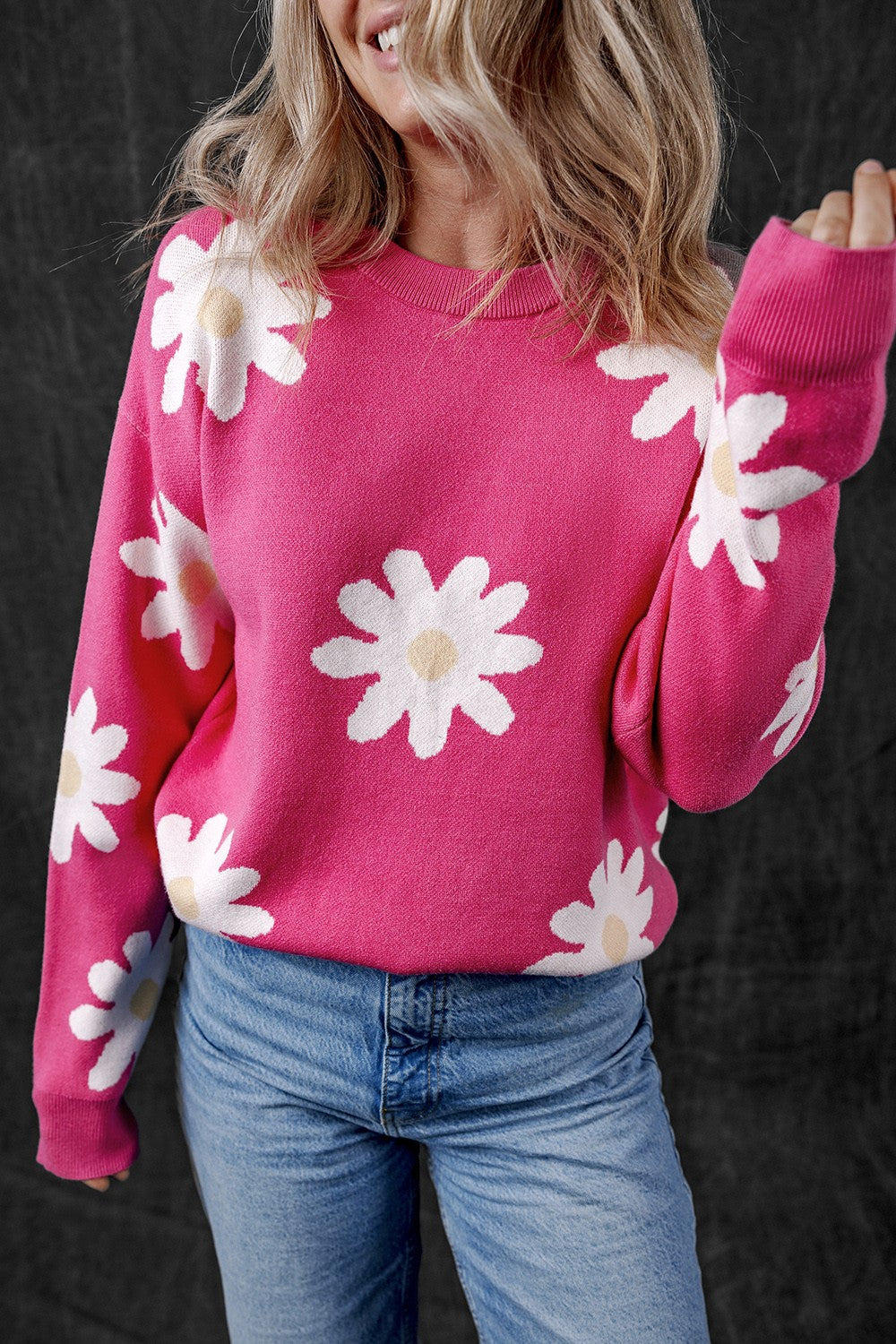 Daisy Round Neck Dropped Shoulder Sweater - Charming Charlie