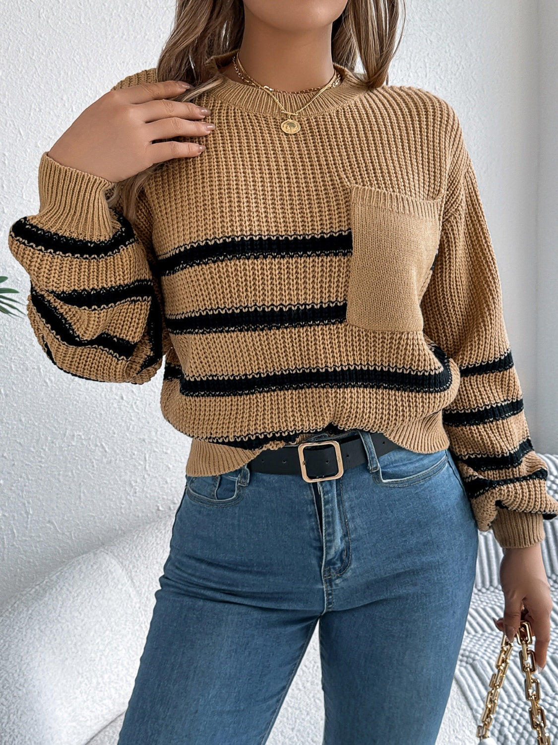 Striped Round Neck Long Sleeve Sweater - Charming Charlie