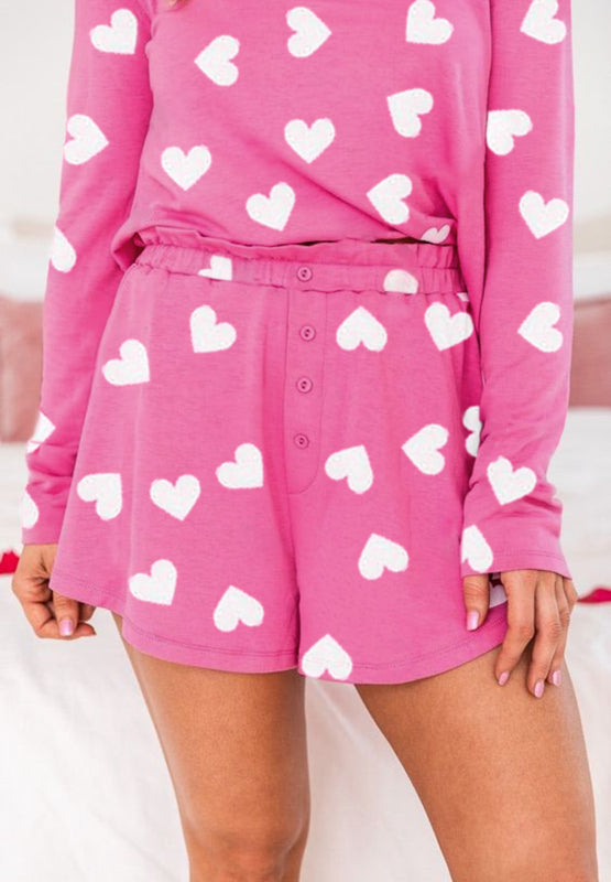 Heart Round Neck Long Sleeve Top and Elastic Waist Shorts Set - Charming Charlie
