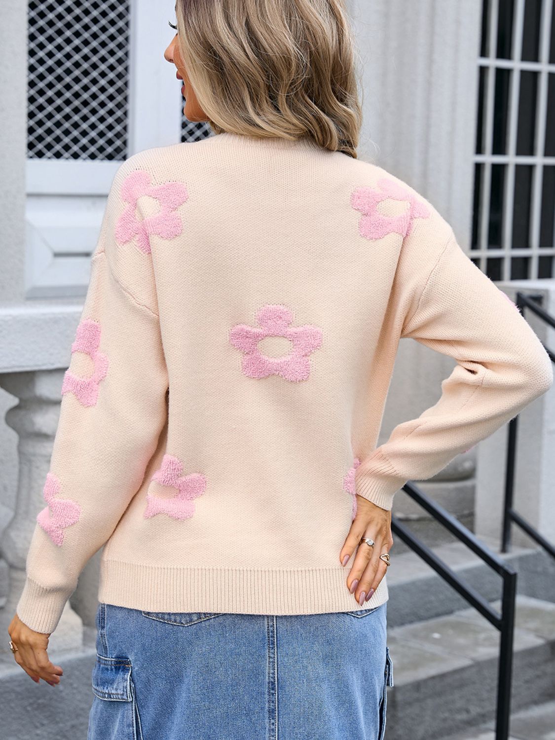 Flower Round Neck Long Sleeve Sweater - Charming Charlie