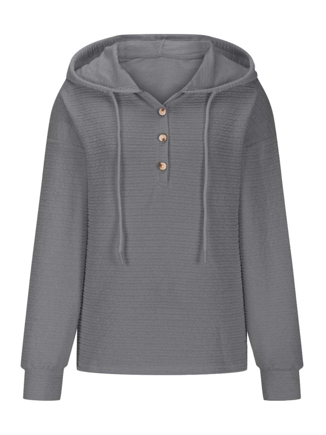 Drawstring Quarter Button Long Sleeve Hoodie - Charming Charlie