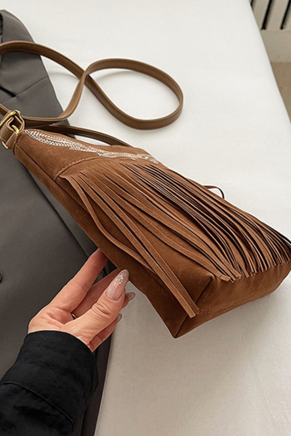 Suede Fringe Adjustable Strap Shoulder Bag - Charming Charlie