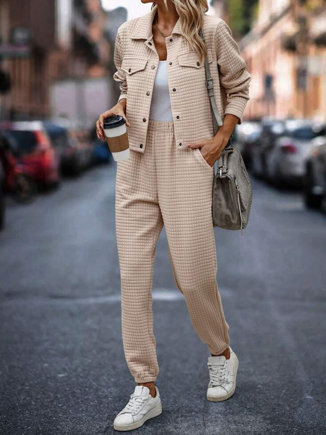 Plaid Texture Snap Down Top and Pants Set - Charming Charlie