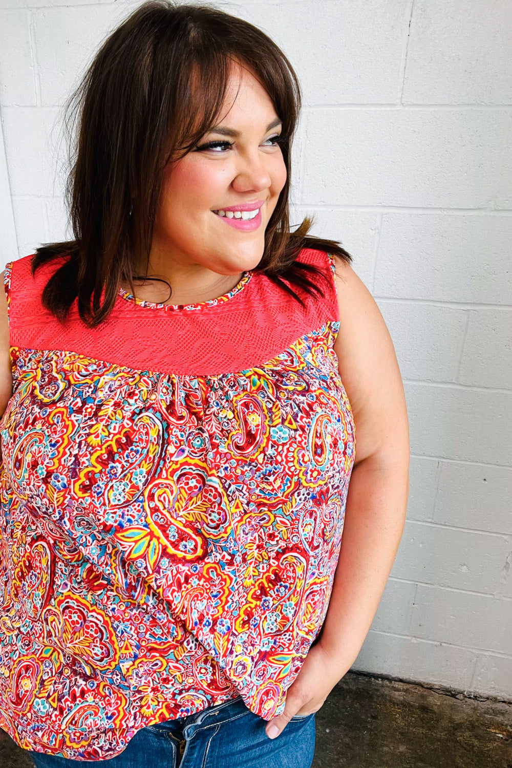 Coral Jacquard Lace Paisley Print Tank Top - Charming Charlie